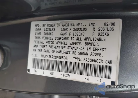 2008 Honda Accord 2.4 Ex z USA, uszkodzony, nr VIN 1HGCP26728A095001